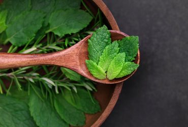 Folhas frescas de hortelã em uma colher de madeira, cercadas por outras ervas sobre uma superfície rústica.